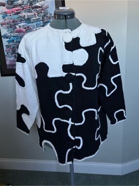 Michael Simon OS M L Puzzle Sweater Cardigan Embroidered